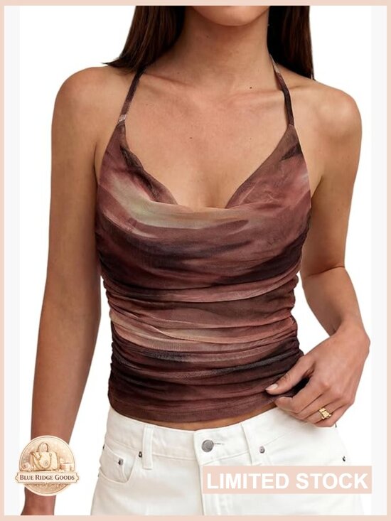 Tops - Sleeveless Cowl Neck Halter Top Floral Boho Mesh Backless Y2K Going Out Cute